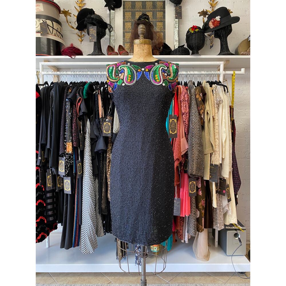 vintage 1980s Stenay beaded silk dress, keyhole back, jewel tone paisley, medium